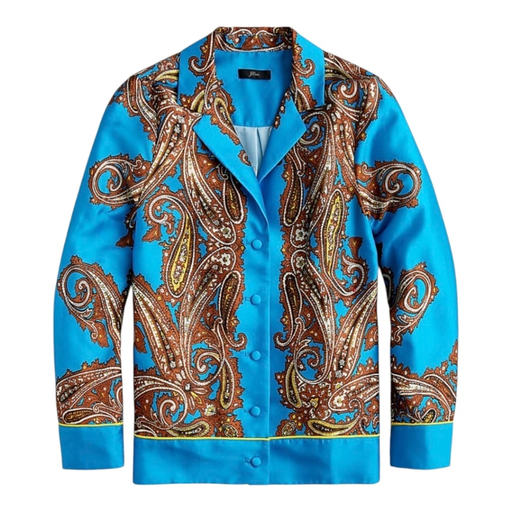 J. CREW 60s Retro Top Drapey Button-up Silky Scarf Blouse Paisley Window Blue M - Picture 4 of 11